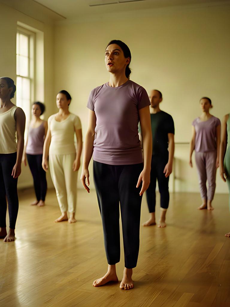 Grupo de bailarines ensayando descalzo en un estudio amplio con suelo de madera